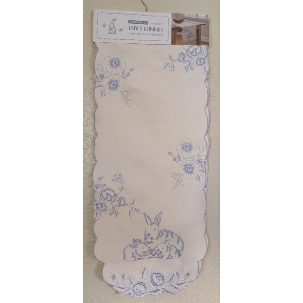 14" x 70" White & Blue Embroidered Cutwork Table Runner Spring Bunny & Butterfly